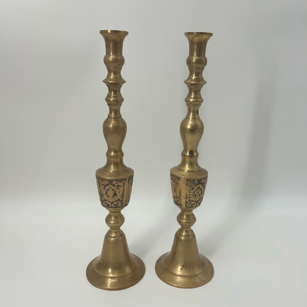 Candlesticks Pair Brass 16.5" Tall MCM Etched Floral VTG Hollywood Regency Decor